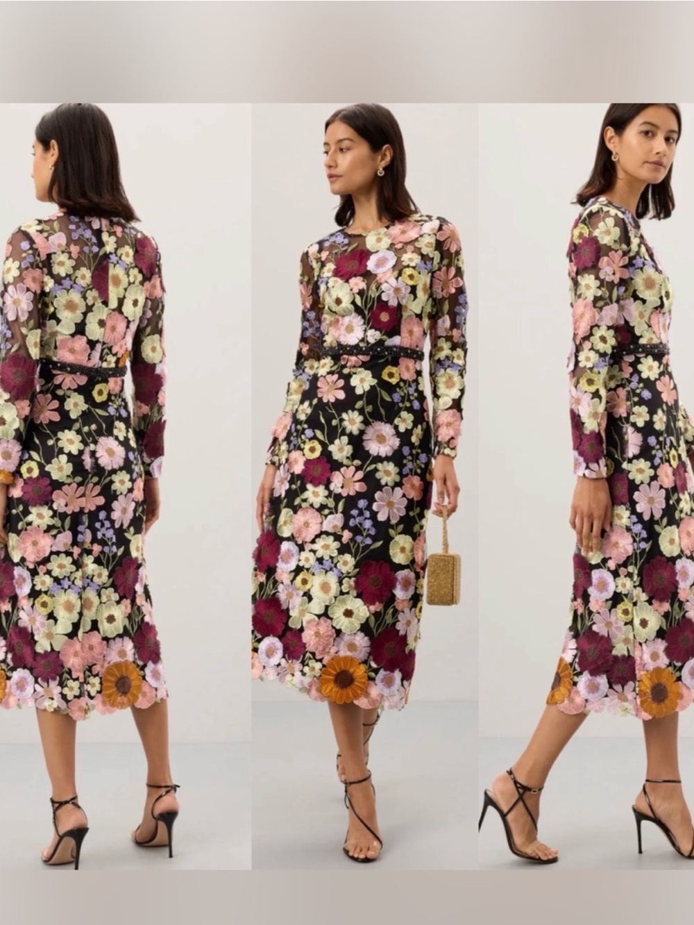 Mac Duggal Black Floral Midi Dress with Pink, Purple, Yellow & Green Accents